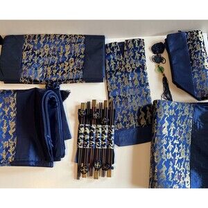 Asian Tableware Place Setting For 6 Blue Gold Silk Brocade 22 Piece Taiwan Decor